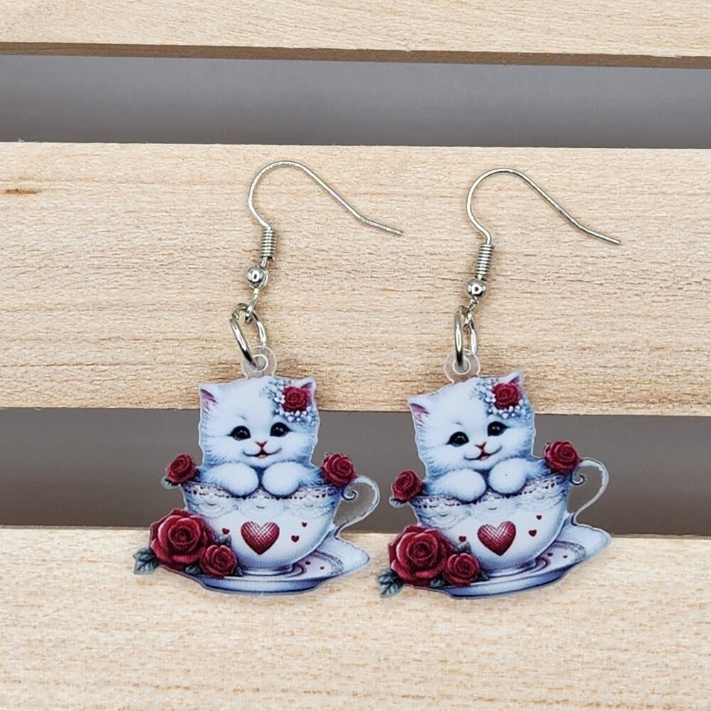 White Cat in Teacup Acrylic Earrings with Red Roses